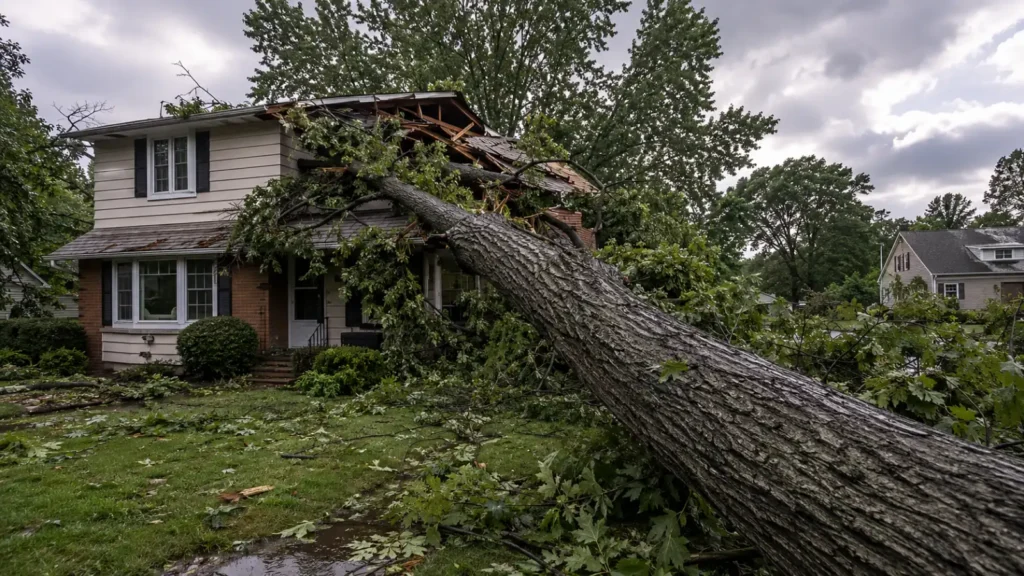 Storm-damaged tree fallen on a home roof in Rochester NY requiring emergency tree service