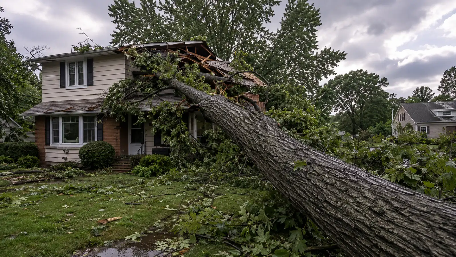 Storm-damaged tree fallen on a home roof in Rochester NY requiring emergency tree service
