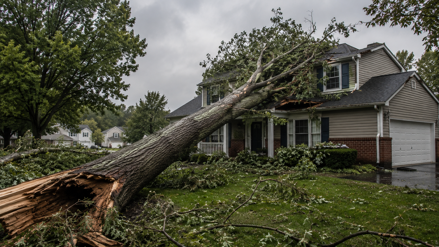 Storm-damaged tree fallen on a home roof in Rochester NY requiring emergency tree service